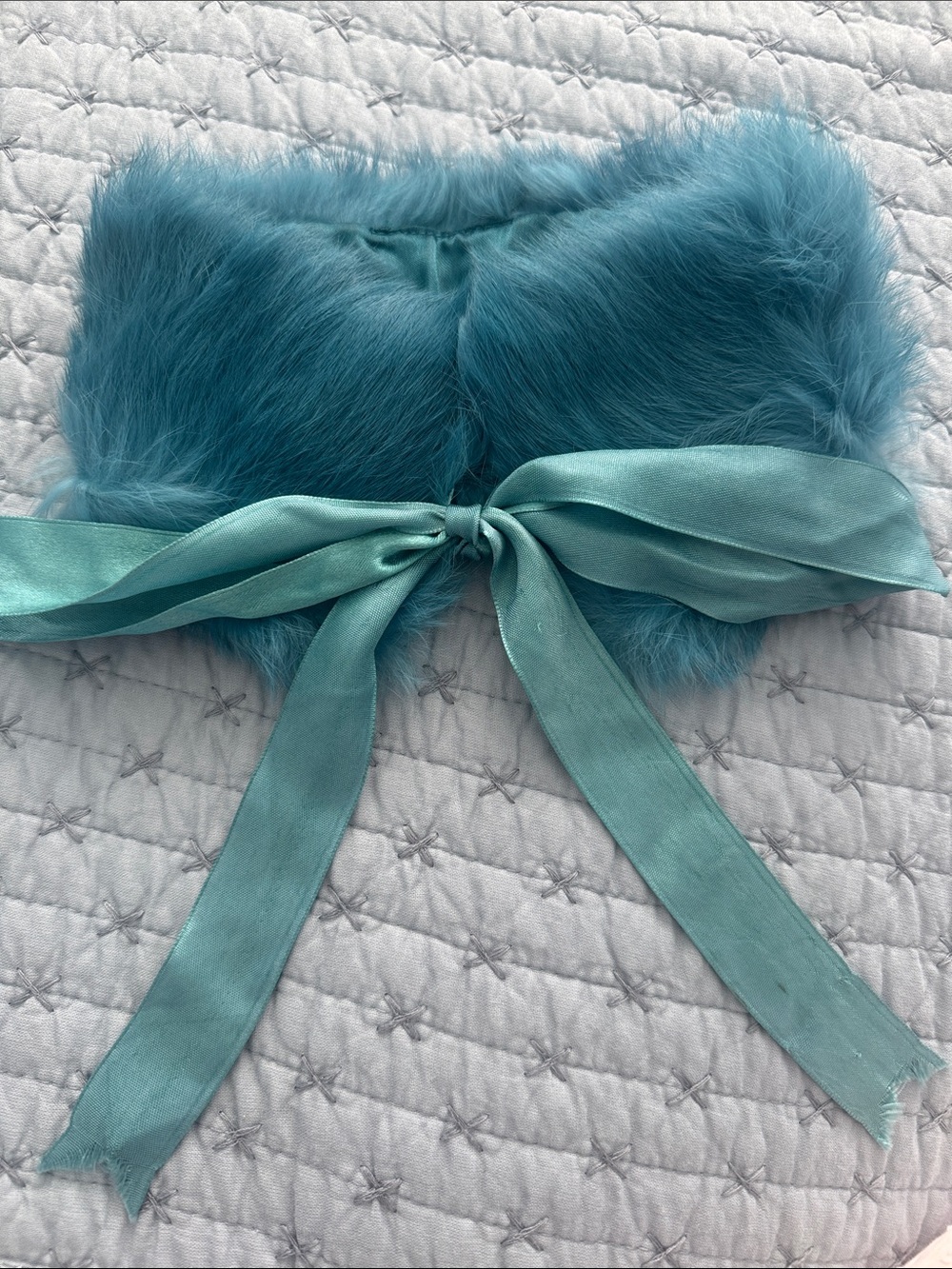 Vintage Bebe Y2K Teal Blue Genuine Rabbit Fur Detachable Collar / Ribbon Tie